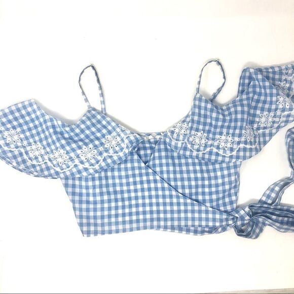 TULAROSA Molina Cropped Pastel Blue Gingham Wrap Blouse Size XS by Revolve - Picture 5 of 11